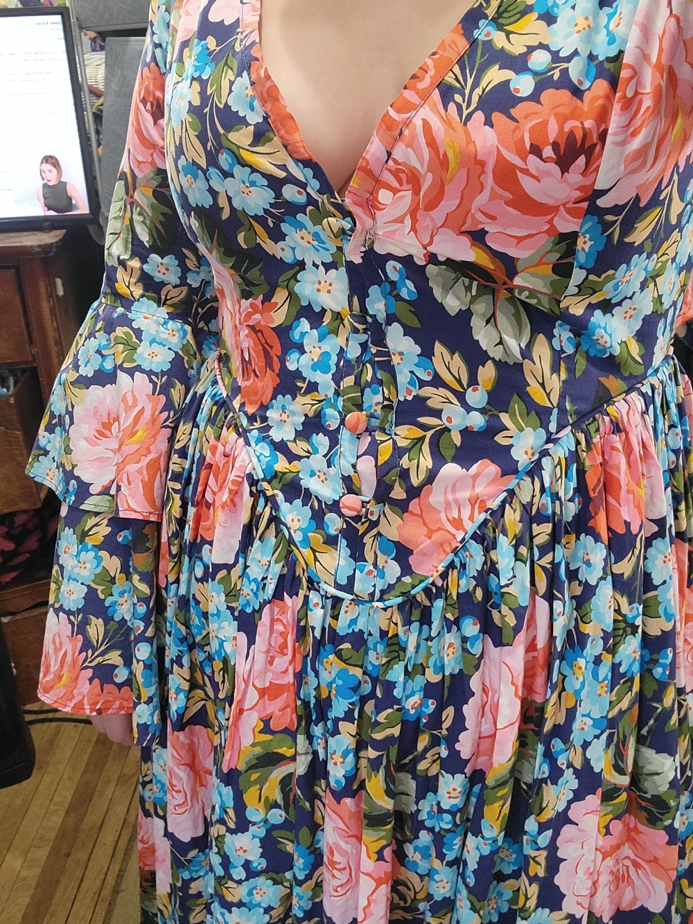 Batsheva Laura Ashley Floral Button-Front Maxi Dress with Pink & Blue Blooms